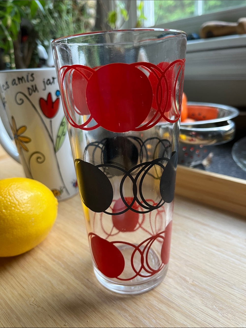 Vintage Clear Glass Tumbler with Red and Black Orb Motif 70s